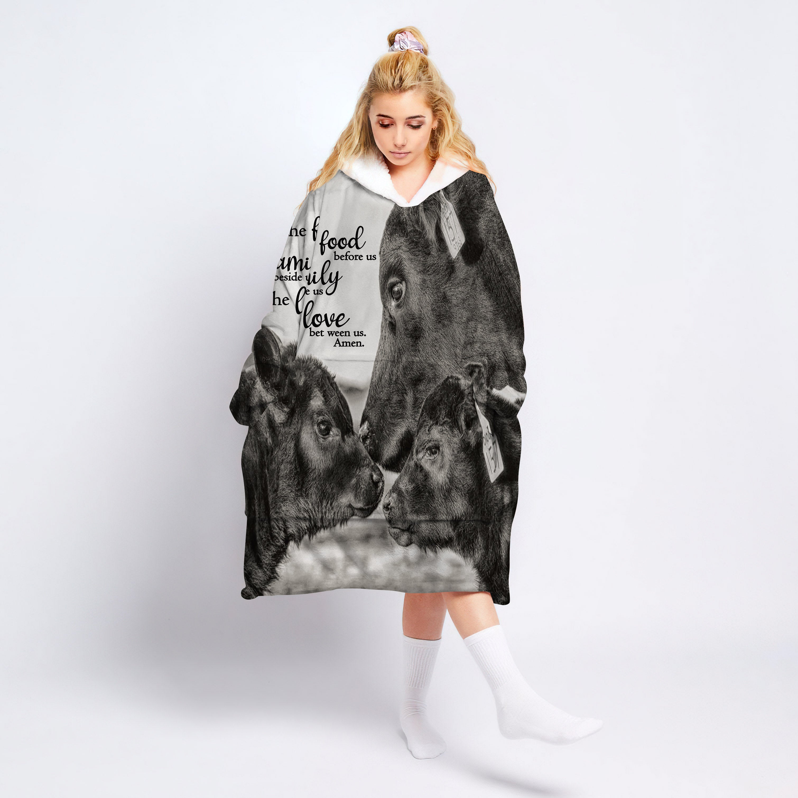 Cow Wearable Blanket Hoodie For Adult, Oversized Sherpa Blanket Sweatshirt With Hood Pocket And Sleeves