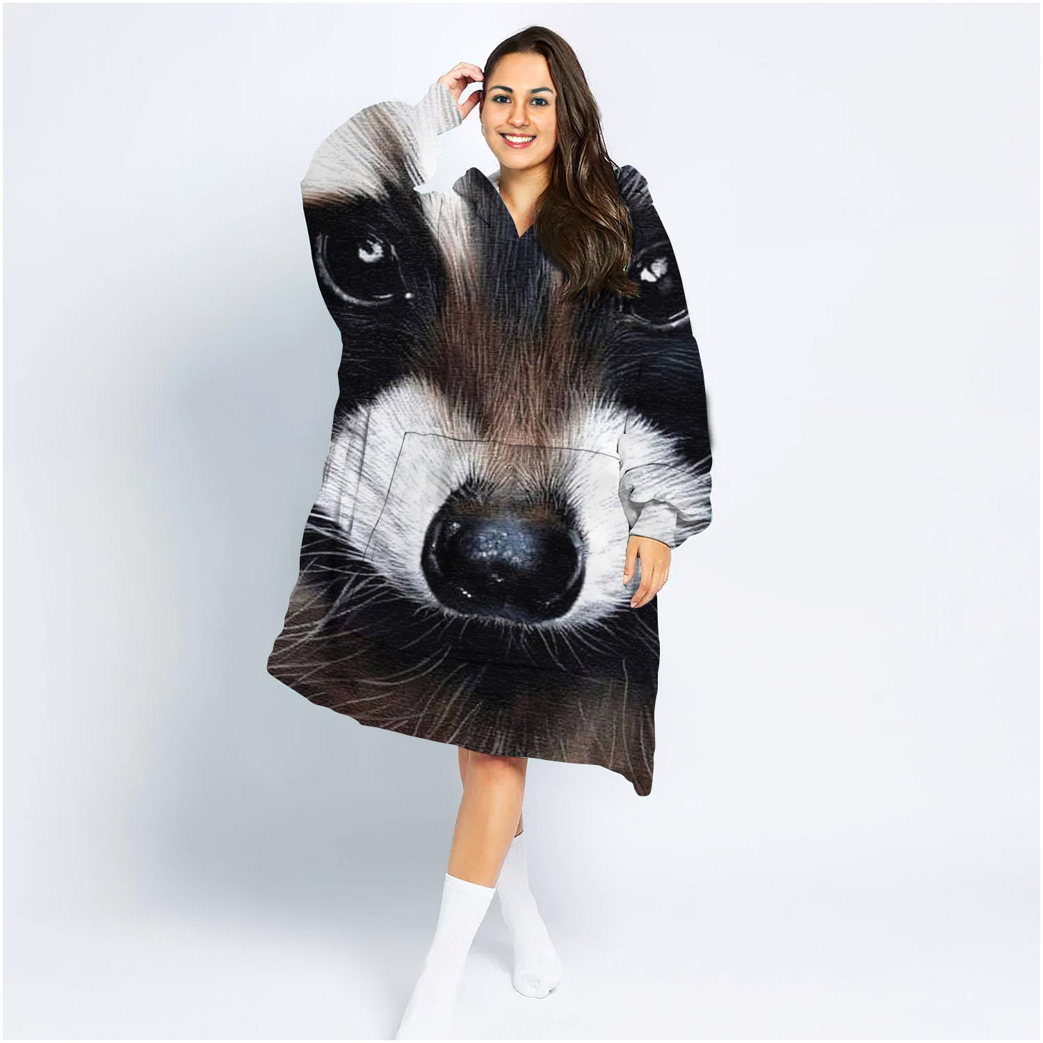 Raccoon Wearable Blanket Hoodie For Adult, Oversized Sherpa Blanket Sweatshirt With Hood Pocket And Sleeves
