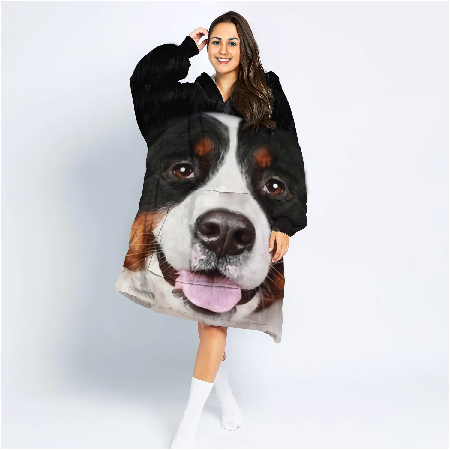 Bernese Mountain Dog Wearable Blanket Hoodie For Adult, Oversized Sherpa Blanket Sweatshirt With Hood Pocket And Sleeves